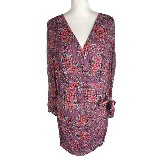 Sezane Noemia Mini Wrap Dress in Purple Flowers Long Sleece Boho NEW Size 46 - Picture 4 of 13